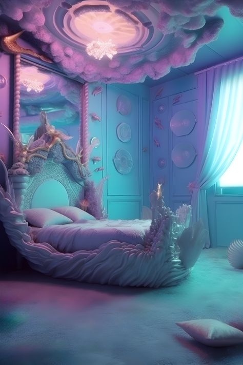 a mermaidcore aesthetic bedroom. a fantasy themed room with a shell inspired bed and silk iridescent bedding and pillows. cloud ceiling. a big mirror behind the bed. a window shining a little light into the room, sheer curtains that are open. walls have shell decor and other ocean oddities. Mermaid Core Aesthetic, Mermaid Themed Bedroom, Colored Bedding, Underwater Bedroom, Mermaid Room Decor, Ocean Bedroom, Bathroom Boho, Budget Friendly Home Decor, Ocean Themed Bedroom