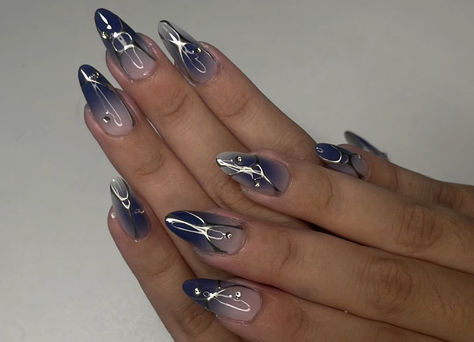 Blue Prom Nails, Blue And Silver Nails, Prom Nails Silver, Silver Nail Designs, Navy Nails, Hippie Nails, Long Acrylic Nail Designs, Airbrush Nails, Subtle Nails