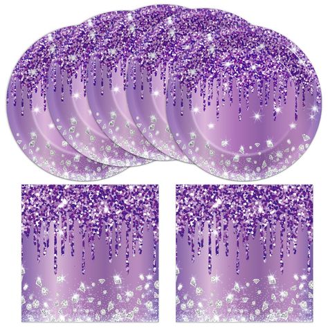 PRICES MAY VARY. Package contains: This pack comes with 25 pcs 7 inch purple and silver birthday party plates and 25 pcs 6.5 inch purple silver party napkins, sufficiency quantity to satisfy your various party needs. Reliable material: The purple silver tableware set is made of quality paper, no smell and fade-resistant, purple birthday party plates are sturdy while diamonds purple napkins are soft and absorbent. diamonds and purple foil patterns, dreamy and eye-catching, which leave a deep impr Purple And Silver Butterfly Birthday, Purple Birthday Party Theme, Purple Birthday Decorations, Purple Napkins, Diamonds Purple, 15th Birthday Decorations, Silver Happy Birthday, Purple Sweet 16, Purple Happy Birthday