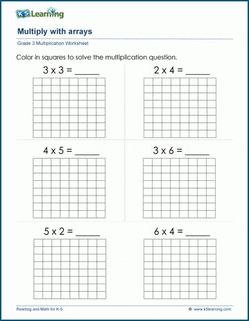 Multiply with arrays worksheets.  Students can visualize multiplication equations by representing them as an array of objects or boxes; each row represents a group of like objects.  In these worksheets, students solve multiplication questions using arrays.  Free worksheets from K5 Learning; no login required. Arrays Multiplication, Array Math, Multiplication Questions, Array Worksheets, Multiplication Arrays, Fractions Multiplication, Partial Products, Cursive Writing Worksheets, Grade Spelling