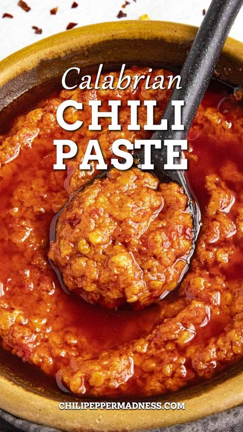 A big spoon full of the delicious Calabrian Chili Paste. Chili Paste Recipe, Calabrian Chili Paste, Chili Pasta, Chili Oil Recipe, Homemade Bbq Sauce Recipe, Pepper Sauce Recipe, Chili Sauce Recipe, Recipes With Chicken And Peppers, Dried Chili Peppers