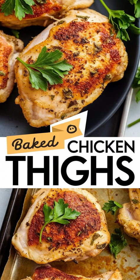 Easy Baked Chicken Thighs – Tender, juicy chicken thighs baked to golden perfection. This simple recipe is a family favorite, perfect for weeknight meals! Chicken Thigh Fillet Recipes Easy, Baked Chicken Thighs Recipe, Baked Chicken Recipes Thighs, Bake Chicken Thighs In Oven, Baked Chicken Thighs Bone In, Baked Chicken Thighs Boneless, Chicken Thigh Fillet Recipes, Quick Chicken Thigh Recipes, Flavorful Baked Chicken