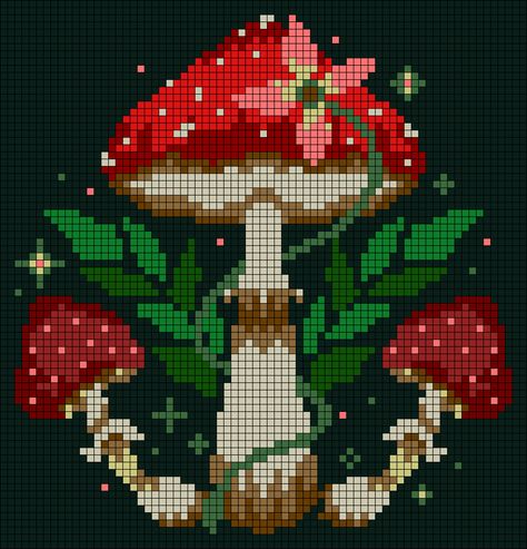 Free Mushroom Cross Stitch Patterns, Cottagecore Cross Stitch Pattern Free, Cottage Core Cross Stitch Pattern, Mushroom Pixel Pattern, Plant Cross Stitch Pattern Free, Plant Grid Pattern, Pixel Art For Cross Stitch, Mushroom Tapestry Crochet, Mushroom Pixel Art Grid