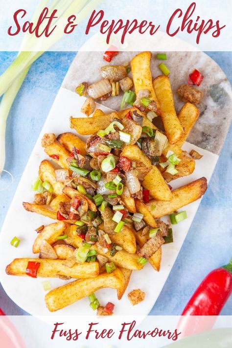 These Chinese salt and pepper chips (or salt and chilli chips) is a takeaway comfort food favourite. Make them at home in minutes for the freshest, healthiest version you will find. Use vegetable oil and chinese five spice to make these french fries at home |best chips recipe| chinese food recipes | best french fry recipe| #potatoes #fakeaway #chips Salt And Chilli Chips, Recipe Chinese Food, Chinese Fakeaway, Salt And Pepper Chips, Fakeaway Recipes, Chinese Chicken Recipes, Chinese Food Recipes, Pepper Recipe, Best Chips