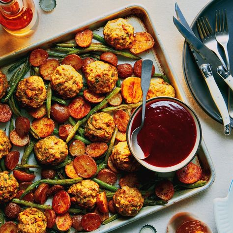 Turkey and Stuffing Meatballs Recipe | Bon Appétit Turkey And Stuffing Meatballs, Vegetarian Antipasto, Meatballs Vegetarian, Stuffing Meatballs, Stuffing Mix Recipes, Quick Turkey, Turkey Meals, Turkey And Stuffing, Stuffed Meatballs