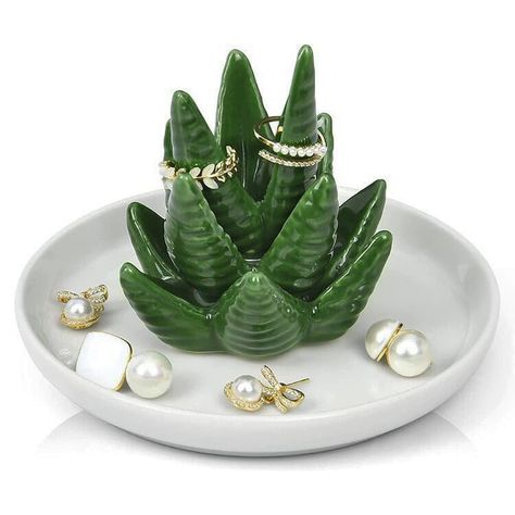 PRICES MAY VARY. Great Gifts:A great gift for engagment,wedding,anniversary,Valentines,birthday,or friends to whom love Succulent Plants. Size:Measures approximately 5.11"L x 5.11"W x 4.1"H Quality:Crafted from great quality glazed ceramic,Well packed with styrofoam and white box,not easy broken. Space-Saving and Convenient:Store rings on its leaf of aloe or necklace,earring,hand chain, bracelets, and small jewelry in the dish.Leave it by the sink or kitchen to collect your rings as you wash you Cactus Ring, Cactus Ceramic, Green Decoration, Cactus Jewelry, Succulent Jewelry, Jewelry Trays, Ring Organizer, Ceramic Succulent, Ceramic Color