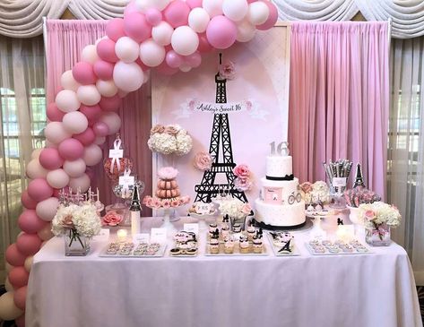 Paris Theme / Birthday "Ashley’s Tres Chic Sweet 16" | Catch My Party Paris Themed 1st Birthday Party, Emily In Paris Party Ideas, Paris Themed Birthday Party Sweet 16, Paris Birthday Theme Decorations, A Year In Paris Birthday Theme, Paris Birthday Party Ideas Decoration, Paris Theme Sweet Sixteen, Sweet 16 Paris Theme Ideas, Paris Sweet 16 Ideas