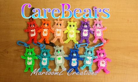 Rainbow Loom Care Bears Tutorial / How To using loom bands tutorial by MarloomZ Creations. Rainbow Loom Bands Bracelet, Loom Loops Crafts, Pokemon Loom Bands, Rainbow Loom Projects, Loom Band Projects, Rainbow Loom Charms Step By Step, Rainbow Loom Keychain Patterns, Rainbow Loom Creations Step By Step, Things To Make With Loom Bands