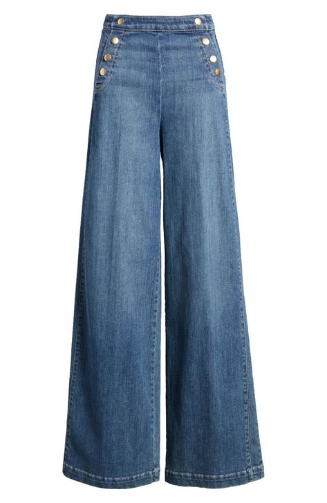 FRAME Sailor Snap High Waist Wide Leg Jeans | Nordstrom 70s High Waisted Jeans, How To Style High Waisted Wide Leg Jeans, Colourful Jeans, Trouser Jeans Outfit, Aesthetic Clothes Png, Pants Png, Sailor Jeans, Clothing Png, High Waisted Wide Leg Jeans