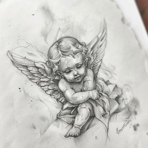 Cherub Vector Tattoo Designs Tattoos For Birthdays, Lightly Shaded Tattoos, Hand Sleeves Tattoo, Sleeve Add Ons Tattoo, Beautiful Angel Tattoos For Women, Woodcut Tattoo Flash, Baby Angel Drawing, Baby Angel Tattoo Designs, Bug Tattoo Design