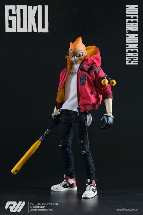 REBELSIX STUDIO presents a unique take on the legendary Monkey King in a futuristic cyberpunk world. Packing some serious streetwear swag, this limited edition figure is one you sure don’t wanna miss! GOKU - NO FEAR. NO MERCY is a 1/6th scale action figure and is limited to 300 pieces worldwide! Featuring 27 points of articulation, it also showcases the following: Custom detailed tailored clothing with decals · Stylized design with weathered detailing · 1x Head scuplt GOKU · 1x 12” Articulated… Cyberpunk World, Futuristic Cyberpunk, The Slums, Art Toys Design, No Mercy, Custom Action Figures, Monkey King, Vinyl Toys, Character Design Animation