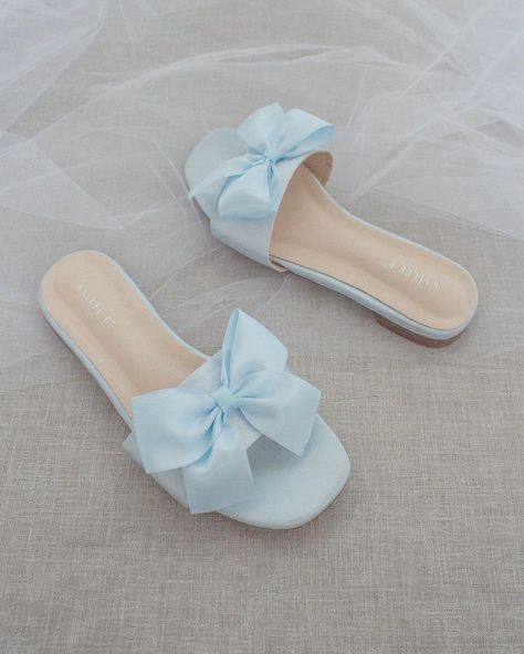 "Classic slide flat sandals for casual and dressy look with added SATIN BOW.  Simple and easy wear for brides, bridesmaids and/ or wedding parties. DETAILS: COLORS AVAILABLE: Ivory, Light Blue, White, Pink, and Champagne UPPER: Synthetic upper and lining MATERIALS: Mandmade outsole STYLE NAME: EVELYN Not sure of which size to purchase? Shoes measurements are as follow: (Please note measurements taken the length of inside of shoe from toe to heel) Size 5.5 - 9.25\" Size 6 - 9.40\" Size 6.5 - 9.50 Best Shoes For Women, Bridesmaid Sandals, Aesthetic Views, Pretty Sandals, Dr Shoes, Bridal Sandals, Fashion Slippers, Best Shoes, Slip On Sandals