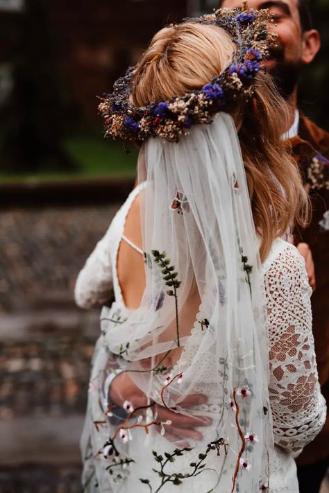 Flower Crown Boho Wedding, Flower And Veil Wedding Hair, Boho Bride With Veil, Wedding Hair Flower Crown Veil, Wedding Veil And Flower Crown, Wedding Veil With Flower Crown, Flower Crown Wedding Hair With Veil, Wedding Dress With Flower Veil, Wedding Hairstyles With Veil And Flowers