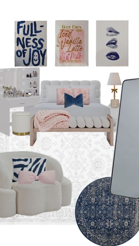 Bedroom decor Navy Pink Bedroom, Pink And Navy Bedroom, Navy And Pink Bedroom, Girly Bedroom Decor, Navy Bedroom, Preppy House, Navy Bedrooms, Dads Room, Free House Design