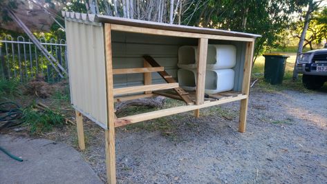 Chicken coop during construction, awaiting mesh and hinges for doors. Nesting boxes are from 20L drums. Hoop Coop With Nesting Boxes, Silkie Chickens Coop, Chicken Hut, Chicken Brooder, Small Chicken Coops, Easy Chicken Coop, Backyard Chicken Coop Plans, Chicken Pen, Chicken Nesting Boxes