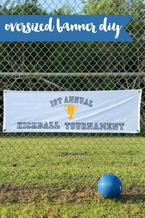 Make this oversized Kickball Tournament Banner by Everyday Party Magazine with a few easy steps! #CricutMade #EasyPress Diy Vinyl Banner Sign, Banner With Cricut, Candle Marketing, Kickball Party, Kickball Tournament, Neighborhood Park, Work Meetings, Team Banner, Arts And Crafts House