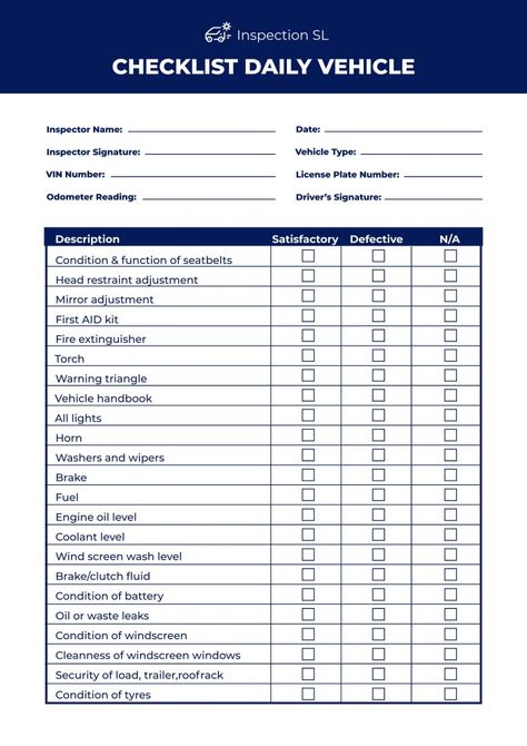 Simple Daily Vehicle Inspection Checklist Daily Vehicle Inspection Checklist, Car Inspection Checklist, Vehicle Inspection Checklist, Vehicle Checklist, Housekeeper Checklist, Partition Designs, Safety Checklist, Presentation Maker, Inspection Checklist