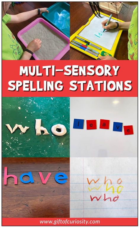 Spelling practice doesn't have to be boring! Learn how to set up multi-sensory spelling stations that are fun, engaging, and best of all. . . effective! #spelling #giftofcuriosity || Gift of Curiosity Spelling Stations, Multisensory Phonics, Sensory Classroom, Sensory Words, Multisensory Activities, Tactile Learning, Play Based Learning Activities, Teaching Sight Words, Rainbow Writing