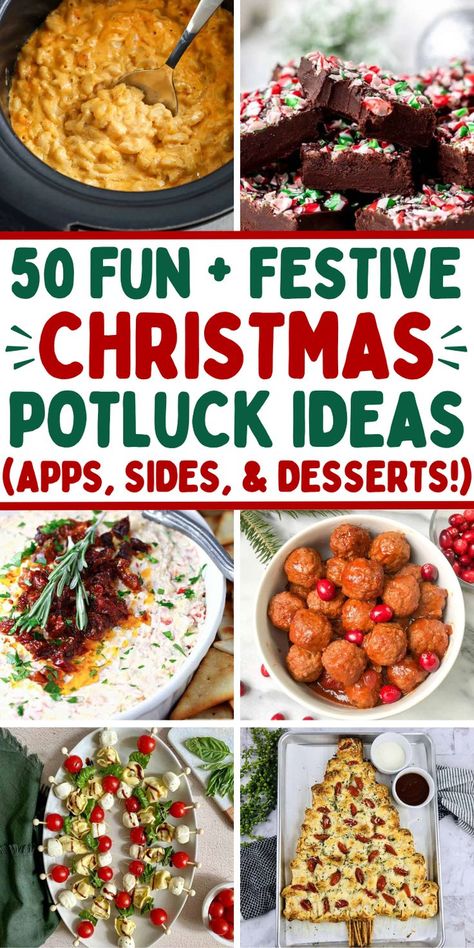 The best holiday potluck recipes for Christmas including crockpot dips and appetizers, finger foods, side dishes, festive salads, desserts and main dishes. These Christmas themed potluck ideas are perfect for work or holiday parties with friends and family. Good To Take To A Party, Christmas Dish Ideas Easy Recipes, Holiday Potluck Side Dishes, Party Pot Luck Dishes, Christmas Themed Side Dishes, Fun Christmas Lunch Ideas, Dishes To Bring To Christmas Party, Ideas For Christmas Potluck, Best Holiday Potluck Dishes