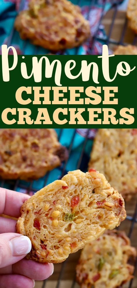 Pimento Cheese Crackers Recipe, Pimento Cheese Bread, Pimento Cheese Crisps, Pimento Cheese Crackers, Snack Crackers Recipes Simple, Recipes With Pimento Cheese, Christmas Savory Snacks, Cheese Crackers Homemade, Baked Cheese Crisps