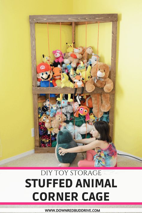 Stuffed Animal Corner Cage | Stuffed Animal Holder | DIY Stuffed Animal Holder | Stuffed Animal Storage | DIY Stuffed Animal Storage | Toy Storage | DIY Toy Storage | Stuffed Animal Zoo | Stuffed Animal Jail | Zoo for Stuffed Animals | DIY Stuffed Animal Zoo | DIY Stuffed Animal Jail | Down Redbud Drive #toystorage #stuffedanimalstorage #diytoystorage #diyfurniture Stuffed Animal Corner, Stuffed Animal Storage Diy, Stuffed Animal Zoo, Diy Stuffed Animal, Stuffed Animal Holder, Craft Organization Diy, Baby Toy Storage, Diy Bedroom Storage, Diy Toy Storage