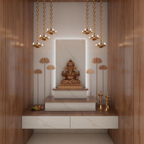 Wall Mounted Mandir Design Puja Room, Glass Puja Room, Prayer Room Ideas Hindu, Diy Temple For Home, Temple Design For Home Hindu, Modern Temple Design, Luxury Mandir Design, Puja Room Design Indian Modern, Mandir Back Wall Design