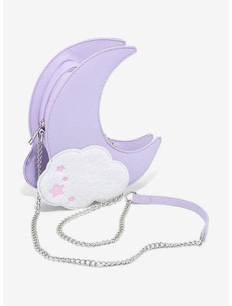 Purple Crescent Moon & Clouds Crossbody Bag Purple Bag Aesthetic, Cloud Applique, Purple Crescent Moon, Moon Purse, Pastel Bags, Star Bag, Kawaii Bags, Moon Clouds, Purple Purse