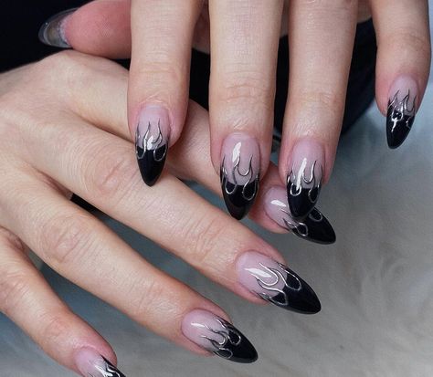 Posted by Zoe Scott: Let's chat about Black French Tip Almond Nails—your trusty nail fashion staple that's anything but outdated. These aren't the same looks your mom rock... Dark Style Nails, Black And Nude Halloween Nails, Easy Gothic Nails, Short Gothic Almond Nails, Gothic French Tip Nails, French Tip Designs Almond, Almond Nails Designs Black, Rocker Nails Punk, Red And Black Stiletto Nails