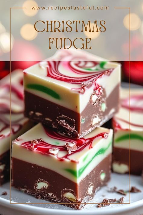 This festive Christmas Fudge is a creamy, delicious treat made with white chocolate and sweetened condensed milk, layered with vibrant red and green colors. It's perfect for holiday gatherings and makes a delightful gift! Christmas Candy Using White Chocolate, 3 Ingredient Christmas Swirl Fudge, Betty Crocker 3 Ingredient Christmas Swirl Fudge, Christmas Sweet Treats Recipes, Chocolate Fudge Candy Recipe, Christmas Food Treats For Gifts, Homemade Fudge Christmas, Baking Christmas Gift Ideas, Holiday Treats To Give As Gifts