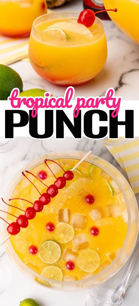 Shake out a beach towel and put on your sunglasses, this Tropical Party Punch is a delicious pitcher full of summer the whole fam can enjoy! #RealHousemoms #tropical #party #punch #tropicalpunch #pineapple #mango #lime #cherry #seltzer #partydrink #birthdayparty #luau Pineapple Party Punch, Tropical Punch Recipe, Drinks With Grenadine, Luau Punch, Key Lime Pie Recipe No Bake, Party Punch Alcohol, Luau Party Food, Fruit Punch Recipe, Party Punch Recipes