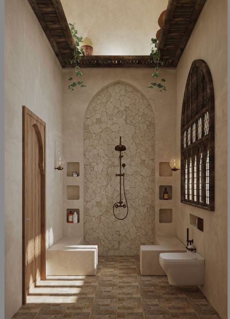 Hammam Style Bathroom, Moroccan Bathroom Design, Spanish Villa Decor, Moroccan Toilet, Mediterranean Shower, Modern Moroccan Bathroom, Marbella House, Hammam Bathroom, Modern Moroccan Interior Design