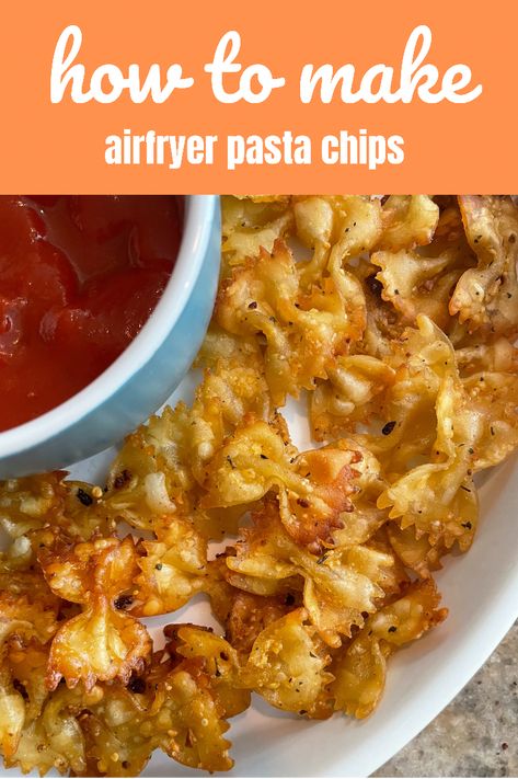 Plate of airfryer pasta chips and marinara dip. Airfryer Pasta, Pasta Chips Air Fryer, Air Fryer Snack Recipes, Air Fryer Pasta Chips, Air Fryer Pasta, Pasta Chips, Savoury Snacks, Cooked Pasta, Crunchy Snack