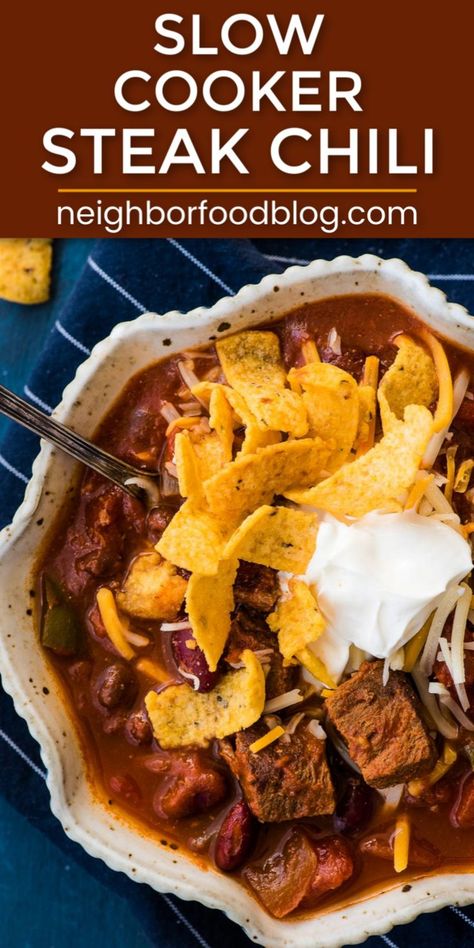 Best Steak Chili Recipe, Slow Cooker Steak Chili, Chili Recipe Slow Cooker, Steak Chili Recipe, Classic Chili Recipe, Steak Chili, Slow Cooker Steak, Slow Cooker Chili Recipe, Recipe Slow Cooker