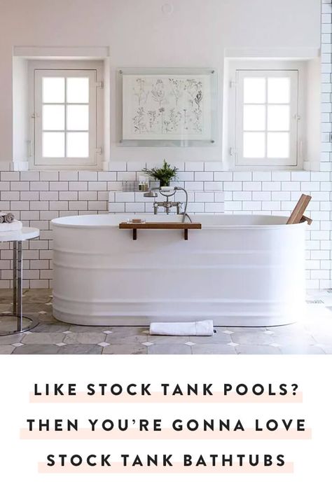 We love stock tank pools, but we love stock tank bathtubs even more. Expect to see these affordable and trendy vessels popping up in bathrooms everywhere. — via @PureWow Bathrooms Decor, Ideas Baños, Remodeling Bathroom, French Country Bathroom, Walk In Shower Designs, Shower Mirror, Bedroom Remodel, Stock Tank, Bathroom Remodeling