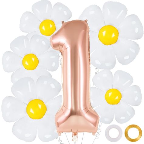 PRICES MAY VARY. Package Contains: You will receive a big 40 inch rose gold number 1 balloon, 2 x 28 in daisy balloons, 3 x 18 in daisy balloons, 2 x 32.8 ft ribbons and a straw. What an abundance of balloons for your donut themed 1st first birthday party! EASY TO USE: Inflate the balloons with air or helium by a balloon pump; pinch the inflation valves gently; then the beautiful daisy balloon set is there for you! And you can tie the balloons with the ribbons included, creating a splendid party Groovy One Party, Daisy 1st Birthday, Groovy One, 1st Birthday Balloons, Daisy Party, 5 Balloons, First Birthday Party Decorations, One Balloon