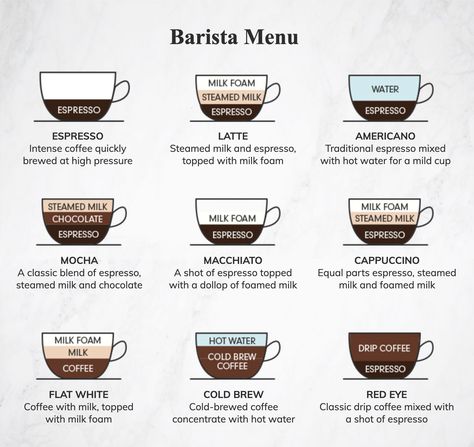 Barista Coffee Guide, Coffee Bar List, Coffee Instructions, Coffee Barista Art, Coffee Chart, Brand Planning, Barista Art, Homemade Coffee Drinks, Coffee Infographic