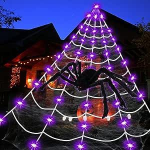 Amazon.com : Flyowl Spider Web Halloween Decorations Outdoor Lights, 125 Purple LED Light Up 16.4Ft Giant Spiderweb & 60" Large Spider & 10 Small Spiders & 20g Stretch Cobweb,8 Modes Lighted Decor for Yard Outside : Patio, Lawn & Garden Purple Led Light, Spider Web Halloween Decorations, Halloween Lighting Outdoor, Orange Led Lights, Purple Led Lights, Scary Halloween Decorations Outdoor, Halloween Decorations Outdoor, Halloween Spider Decorations, Halloween Outside