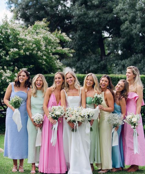 Odd Number Bridesmaids, Multicolored Pastel Bridesmaids Dresses, Wedding Bridesmaid Dresses Colorful, Bridesmaid Dresses June Wedding, Summer Garden Wedding Colors, Pink And Blue Bridesmaids, Blue And Green Bridesmaid Dresses Mismatched, Bridesmaid Dresses Multicolor, Pink And Green Bridesmaids