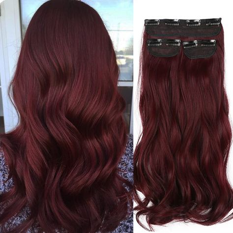 PRICES MAY VARY. [SUITABLE For WOMEN With DIFFERENT HEAD SIZE]: Daimeisy classic burgundy hair extension , each pack includes: 2 pieces of 3.1 inch width 2 clips in wefts;1 piece of 7.1 inches width 4 clips in weft. The upgraded burgundy clip in hair extensions are lighter and really easier to be wore in a few minutes. The hair piece with 4 clips is narrower than the traditional one ,after wearing it , you can decide whether and how to wear the other 2 hair pieces according to your head size. [S Wavy Burgundy Hair, Red Wine Hair, Dark Cherry Hair, Deep Red Hair Color, Blood Red Hair, Deep Red Hair, Redken Hair Color, Magenta Hair, Hair Extensions Clip