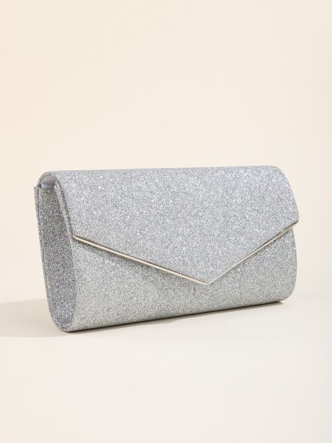 Silver Glamorous   Polyester Plain Square Bag    Women Bags Silver Glitter Clutch Bag, Silver Clutch Purse, Formal Bag, Sparkly Bag, Silver Clutch Bag, Glitter Clutch Bag, Prom Bag, Prom Purse, Prom Clutch