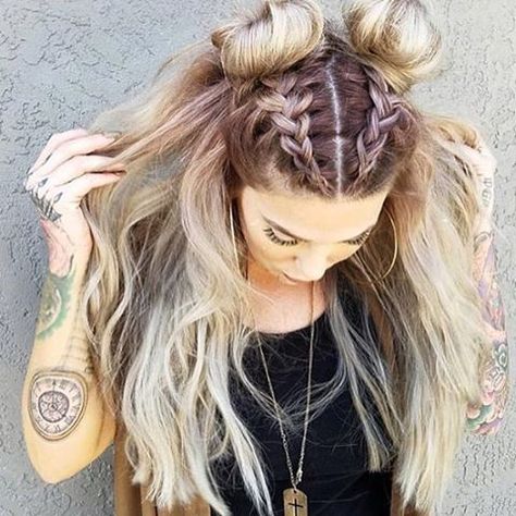 Some Space Buns here from @textursalon | Repost @beyondtheponytail ✨… Gorgeous Braids, Fishtail Braid, Hairstyles Women, Festival Hair, Girls Hair, Gorgeous Hair, Half Up, Hair Day, Pretty Hairstyles