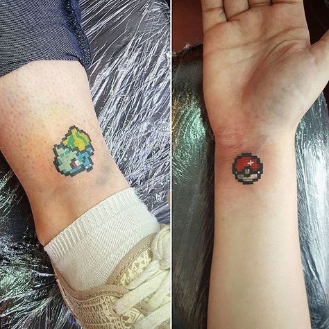 small anime tattoos |  tattoo ideas unique meaningful couple Pixel Pokemon Tattoo, Pokeball Tattoo Design, Bulbasaur Tattoo, Pokeball Tattoo, Small Anime Tattoos, Geek Tattoos, Pixel Tattoo, Nerdy Tattoos, Gamer Tattoos