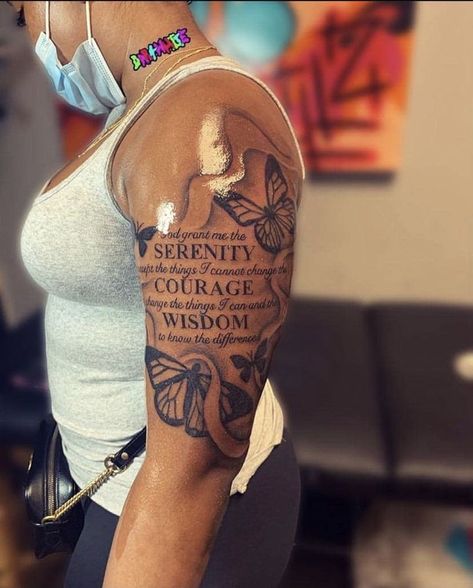 Rare Shoulder Tattoos For Women, Quart Sleeve Tattoo Women, Angle Word Tattoos, Half Seelve Tattoo, Scorpio Tattoo Ideas Female, Paragraph Tattoos For Women On Arm, Upper Arm Tattoos For Women Meaningful, Female Upper Arm Tattoo, Upper Arm Tattoos For Women Sleeve