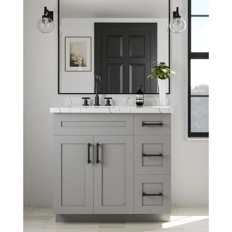 Bathroom Vanity Left Side Sink, Bathroom Vanity Offset Sink, 34” Bathroom Vanity, Light Gray Bathroom Vanity Ideas, Bathroom Remodel Single Sink, Gray Bathroom Vanity Black Hardware, Small Bathroom Gray Vanity, Single Vanity Bathroom Ideas Modern, 36” Bathroom Vanity Ideas