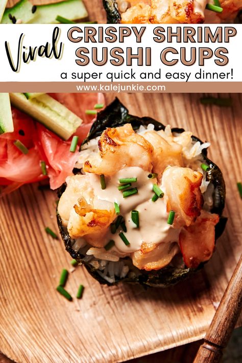 These Viral Crispy Shrimp Sushi Cups are incredibly easy to make and absolutely delicious! This recipe is the perfect meal to prepare on those busy weeknights when you simply don’t have time for an elaborate dinner. No need to compromise flavor for ease, however, because these sushi cups are divine! Try them today! Crispy Shrimp Sushi Cups, Sushi Cups Shrimp, Shrimp Seaweed Cups, Crunchy Shrimp Roll Sushi, Shrimp Sushi Bake Cups, Crab Rangoon Crispy Rice Sushi Cups, Shrimp Sushi Cups, Crispy Rice Cups, Crispy Shrimp Sushi