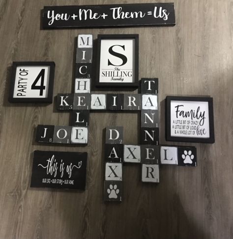 Family Name Tiles Wall Decor, Family Name Crossword Wall Decor, Diy Scrabble Tiles Wall Art Dollar Tree, Diy Family Name Signs, Scrabble Wall Art Ideas, Family Scrabble Wall Art, Scrabble Wall Art Diy, Scrabble Wall Decor, Large Scrabble Tiles