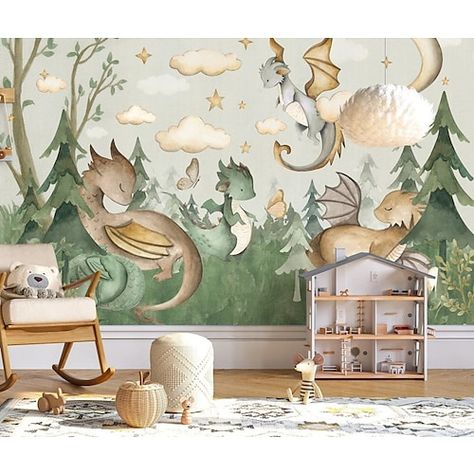 Dragon Mural, Nursery Wallpapers, Dragon Nursery, Kindergarten Wallpaper, Unique Murals, Dragon Kid, Dragon Wall, Wall Art Lighting, Kids Room Wallpaper