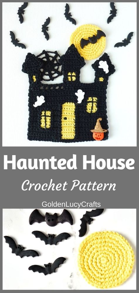 This crochet Haunted House applique will make a great Halloween home decoration! Halloween applique, DIY home decor, crochet wall art, free crochet pattern House Applique, Thanksgiving Crochet, Holiday Crochet Patterns, Halloween Applique, Fall Crochet Patterns, Halloween Crochet Patterns, Crochet Fall, Holiday Crochet, Applique Pattern