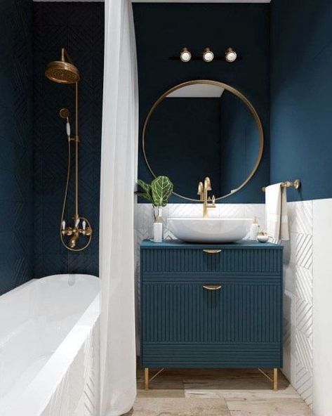 Top 50 Best Blue Bathroom Ideas - Navy Themed Interior Designs #bathroomdesign Bathroom Paint Color Schemes, Blue Small Bathrooms, Brass Taps, Makeover Kamar Mandi, White Bathtub, Interior Vintage, Bathroom Paint Colors, Bathroom Color, Trendy Bathroom