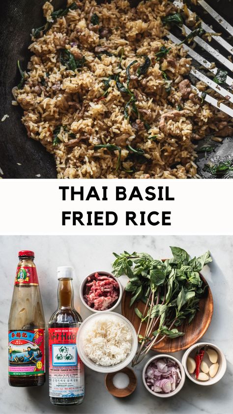 Make easy and delicious Thai Basil Fried Rice at home. A restaurant-worthy dish that's full of savory umami flavor and only takes 15 minutes to make! Lots of aromatic Thai Basil and a chili garlic paste make this simple recipe shine. Serve with a fried egg for a satisfying, quick meal. Thai Fried Rice Recipe, Thai Basil Fried Rice, Fried Rice At Home, Basil Fried Rice, Thai Fried Rice, Chili Garlic Paste, Gluten Free Fish, Asian Dinners, Thai Basil